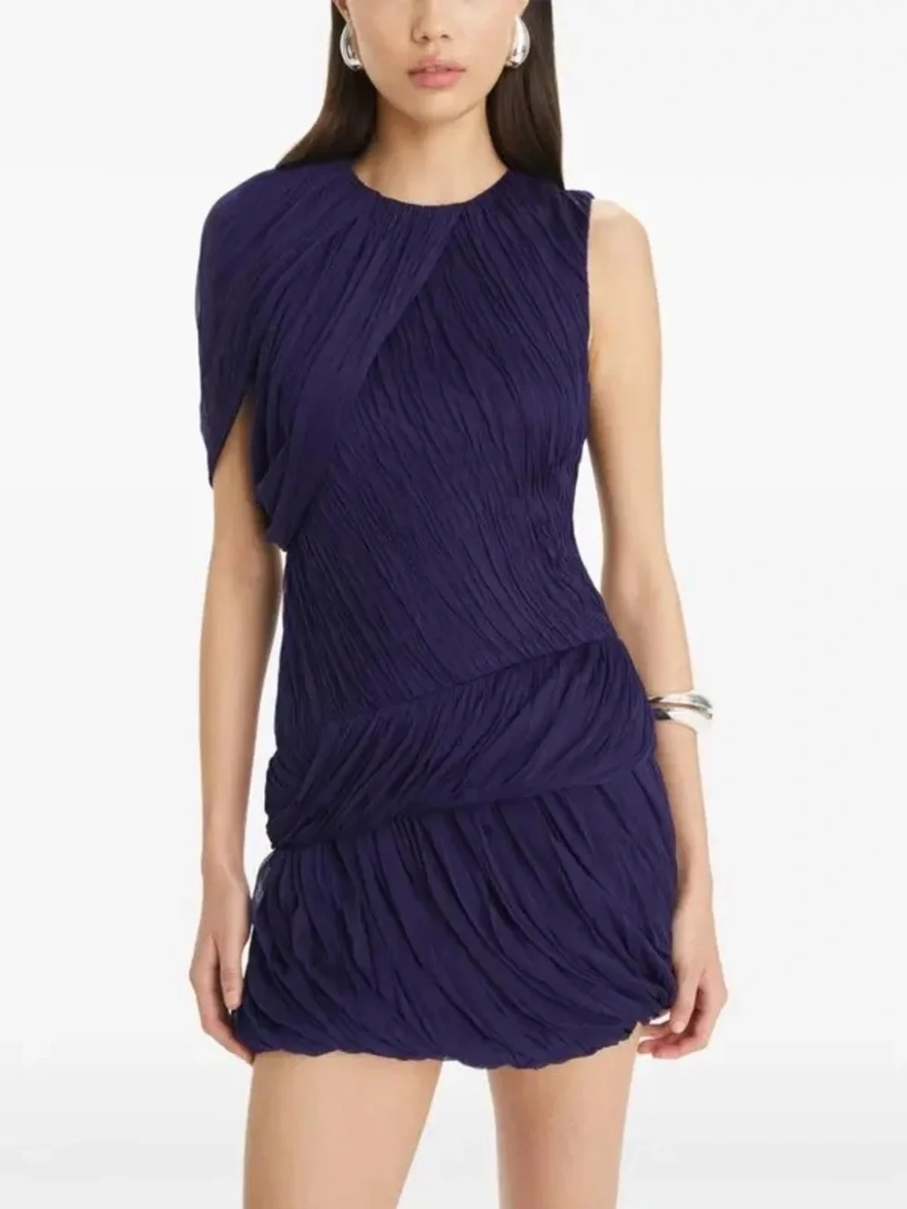 NWT $2298 Tory Burch One-sleeve Draped Silk-plissé Mini Dress In Purple
